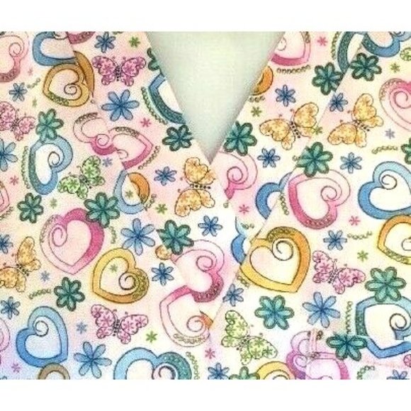 SB Scrub top Medium Pink Hearts Flowers V Neck 3 Front Pockets - Picture 4 of 9